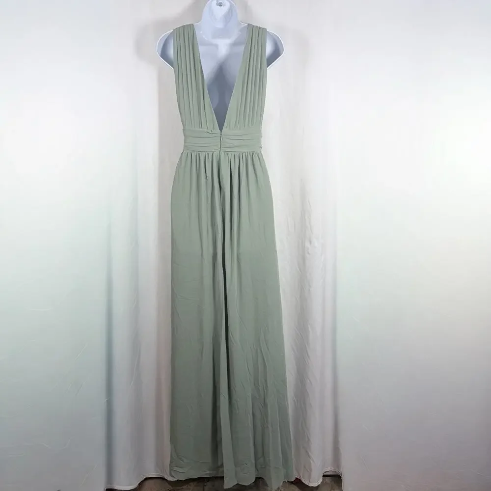 Lulus Sage Green Plunge Maxi Dress Women's Small Formal Bridesmaid NWT - Picture 2 of 6